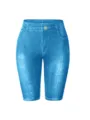 Women high waist denim print stretch biker shorts casual slim fit fitness active wear - Sky Blue