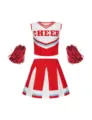 Kinder Cheerleader Kostüm Set mit ärmellosem Oberteil, Faltenrock und zwei roten Pompoms. - 160 / Oberteil und Hose / Rot
