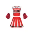 Mädchen rot und weiß Cheerleader Kostüm Set mit Faltenrock und Pompoms für Auftritt. - 120 / Oberteil und Hose / Rot