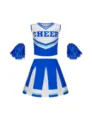 Kinder Cheerleader Kostüm Set mit ärmellosem Oberteil, Faltenrock und blauen Pompoms. - 160 / Oberteil und Hose / Blau