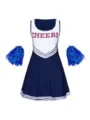 Kids blue white cheerleader dress costume with pom poms variant size and color options - Navy Blue