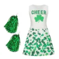 Kinder Cheerleader Kostüm Set mit Kleeblatt Druck und Pompons für Sport Wettkampf Team Kleidung - Mehrfarbig 02 / 120cm