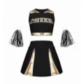 Kinder Schwarz Gold Cheerleader Kostüm Set mit Crop Top Rock und Pompoms für Schulsport. - S / Oberteil und Hose / Schwarz