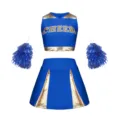 Kinder Cheerleader Kostüm Set Blau Gold Trim Tanzkleidung mit Pompoms für Schulsport - S / Oberteil und Hose / Saphirblau