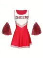 Red and white cheerleading uniform set featuring a sleeveless top, skirt, and pom poms. - Red