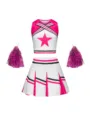 Kids cheerleading uniform set pink white star crop top pleated skirt with pom poms - Rose Red