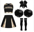 Black gold cheerleading uniform set with crop top, pleated skirt, pom poms, socks and hair bow. - 160 / Top And Bottom / Black Socks / Black