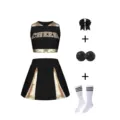 Black gold cheerleading uniform set including crop top, pleated skirt, pom poms and socks. - 160 / Top And Bottom / White Socks / Black