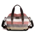 Sac bandoulière rétro décontracté en toile, design à rayures colorblock avec poignées. - Patchwork tendance