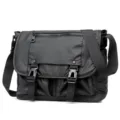 Black waterproof PU leather messenger bag for men with multi pockets and dual buckles. - Black