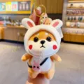 Cute Shiba Inu plush toy keychain with rabbit hood and mini bag, soft bag pendant gift. - Rabbit Shiba