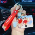 Niedlicher Shiba Inu Acryl Schlüsselanhänger mit rotem Riemen und Metallring für Tasche - Erdbeer Shibe