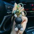 Cute rhinestone resin rabbit keychain with braided strap for car keys and bags charm. - Black