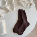 Brown ribbed knitted mid-calf socks, thick warm winter cozy socks for women daily wear. - One Size / Coffee