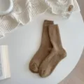 Cozy brown ribbed wool women mid tube socks, soft winter warm knit casual hosiery. - One Size / Khaki