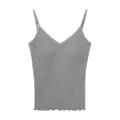 Grey ribbed V-neck camisole for women, chic lettuce trim tank top with built-in pads. - M / Marl Grey