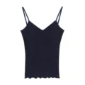 Dark blue ribbed camisole for women, V-neck slim fit tank top with cute lettuce trim hem. - M / Navy Blue