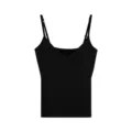Black ribbed V-neck camisole, casual basic tank top featuring adjustable thin straps. - M / Deep Black