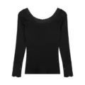 Women's black thermal long sleeve top with elegant lace trim, slim fit winter base layer. - One Size / Tops / Deep Black