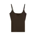 Brown ribbed V-neck camisole with adjustable thin straps and built-in chest pads for daily wear. - M / Dark Coffee