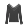 Women's dark grey thermal underwear long sleeve V-neck lace trim winter top apparel - One Size / Tops / Heather Grey