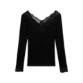 Women's black long sleeve thermal top with elegant V-neck lace trim and delicate cuffs. - One Size / Tops / Black