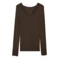 Women long sleeve thermal top dark brown V-neck lace trim seamless base layer shirt - One Size / Tops / Dark Coffee