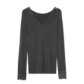 Dark grey thermal top featuring delicate lace trim along the V-neckline and long cuffs. - One Size / Tops / Dark Heather Gray