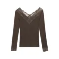 Women's dark brown long sleeve thermal top with elegant V-neck lace trim stylish warm winter wear - One Size / Tops / Coffee