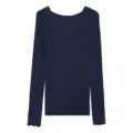 Dark blue women's long sleeve thermal top with elegant V-neck and delicate lace trim. - One Size / Tops / Navy Blue
