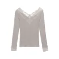 Women V-Neck Lace Thermal Top Long Sleeve Taupe Base Layer Winter Warm Underwear Shirt - One Size / Tops / Nude