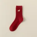 Red cotton mid-calf socks with cute gold embroidered animal for festive wear daily fashion. - One Size / Golden Horse Pattern / Red