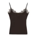 Brown thermal camisole with lace trim, ribbed knit spaghetti strap top for women style. - M / Coffee Brown - Lace Trim