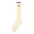 Beige mid-tube women slouch socks with brown lettuce edge and sweet bow embroidery. - One Size / Cheese Yellow