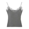Grey ribbed camisole with lace trim, V-neck thermal tank top for women inner wear - M / Dark Heather Gray - Lace Trim