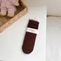 Brown ribbed cotton women's mid-tube socks with heel solid color cozy winter daily. - One Size with Heel / Coffee
