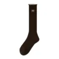 Women winter brown mid tube socks with ruffled edge and cute bow embroidery design. - One Size / Sweet Chocolate Brown