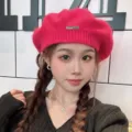 Red knit beret hat for women, sweet and cozy winter fashion accessory for stylish outfits. - M (56-58cm) / Rose Red