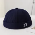 Gorro docker de algodón azul marino con bordado NY blanco, gorro sin visera de tendencia casual. - M (56-58cm) / Azul marino