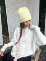 Women winter warm knitted beanie hat yellow white striped thick cozy stylish daily wear - 56-59 / Yellow