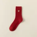 Red cotton mid-calf socks for women featuring a cute metallic gold embroidered heart pattern. - One Size / Heart Pattern / Red