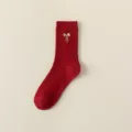 Red cotton ribbed mid-calf women socks featuring elegant gold bow embroidery design. - One Size / Bow Pattern / Red