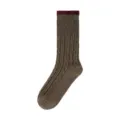 Cozy women's mid-tube wool blend socks featuring a 3D cable knit pattern and contrast burgundy cuff. - One Size / Cocoa Brown - Contrast Cable Knit