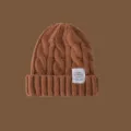 Gorro de punto de cable marrón invierno cálido acogedor estilo pareja sombrero liso - Tostado
