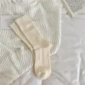 Beige thick warm knit mid-calf socks with cable pattern, cozy winter thermal casual hosiery. - One Size / Milky White - Cable Knit Pattern