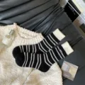 Women autumn winter warm mid tube striped knit socks thick cozy casual hosiery apparel - One Size / Striped Embroidery / Black