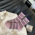 Women thick warm mid-tube striped wool-blend socks autumn winter cozy knitted cute hosiery - One Size / Striped Embroidery / Pink