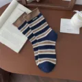 Retro striped cuffed women socks cotton mid-tube casual socks brown and navy color - Navy Base - Milk Tea Opening - Letter Cloth Label