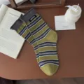 Women's retro striped cotton mid-tube socks with rolled cuff and stylish autumn design. - Army Green Base - Coffee Opening - Letter Cloth Label