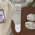 Grey sheer hollow out bow knot mid-calf socks sweet Korean style hosiery summer thin breathable - Light Gray
